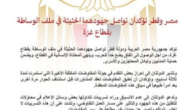 صورة مصر و قطر تؤكدان تواصل جهودهما الحثيثة في ملف الوساطة بـقطاع غزة