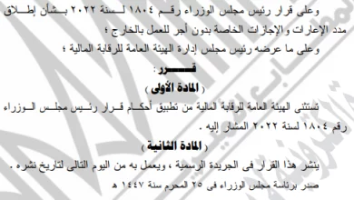 صورة قرار حكومي بشأن الإعارات والإجازات الخاصة بهيئة الرقابة المالية وشركات القطاع العام