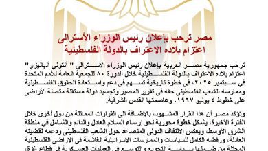 صورة مصر ترحب بإعلان رئيس الوزراء الأسترالى اعتزام بلاده الاعتراف بالدولة الفلسطينية