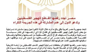 صورة مصر تجدد رفضها القاطع لتهجير الفلسطينيين وتدعو الدول إلى عدم المشاركة في هذه الجريمة النكراء