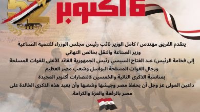 صورة نائب رئيس الوزراء للتنمية الصناعية يهنئ الرئيس السيسي بالذكرى 52 لانتصارات أكتوبر المجيدة