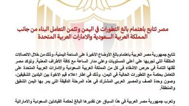 صورة مصر تتابع باهتمام بالغ التطورات في اليمن وتثمن التعامل البناء من “السعودية والإمارات “