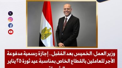 صورة وزير العمل: الخميس بعد المُقبل.. إجازة رسمية مدفوعة الأجر للعاملين بالقطاع الخاص بمناسبة عيد 25 يناير وعيد الشرطة