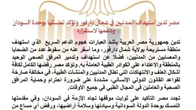 صورة مصر تدين استهداف المدنيين في شمال دارفور وتؤكد تمسكها بوحدة السودان ودعمها لاستقراره