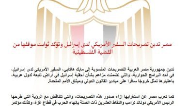 صورة مصر تدين تصريحات السفير الأمريكي لدى إسرائيل وتؤكد ثوابت موقفها من القضية الفلسطينية